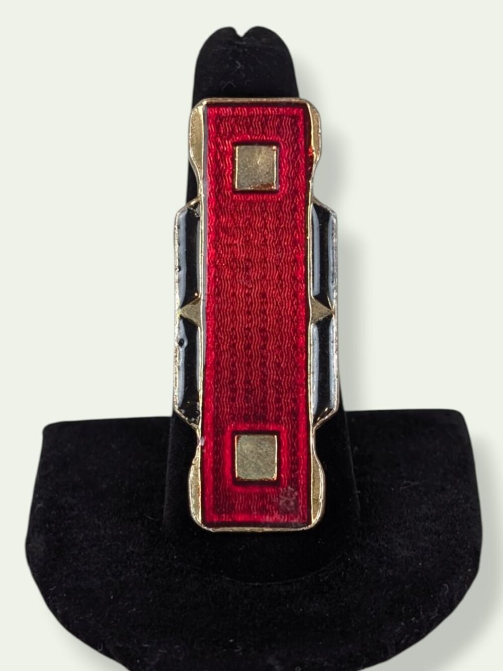 Vintage Art Deco Revival Long Black & Red Enamel Coil Ring